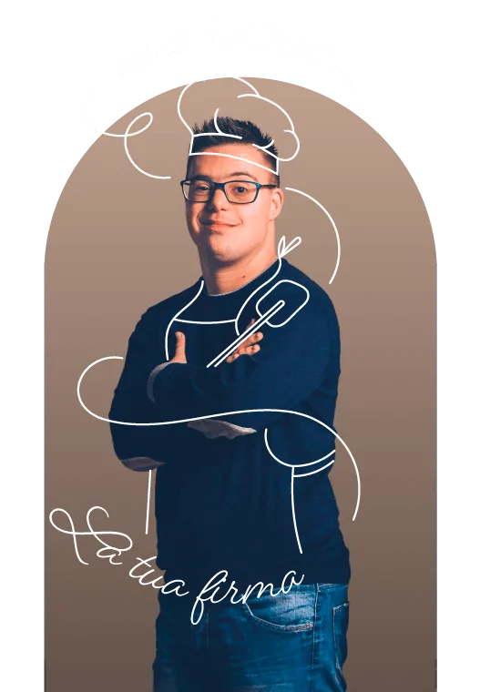 Alberto, a braccia conserte, con un cappello da cuoco e un mestolo disegnati