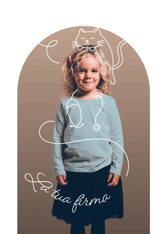 Eva, una bambina con i capelli ricci, con uno stetoscopio e un gatto disegnati intorno a lei