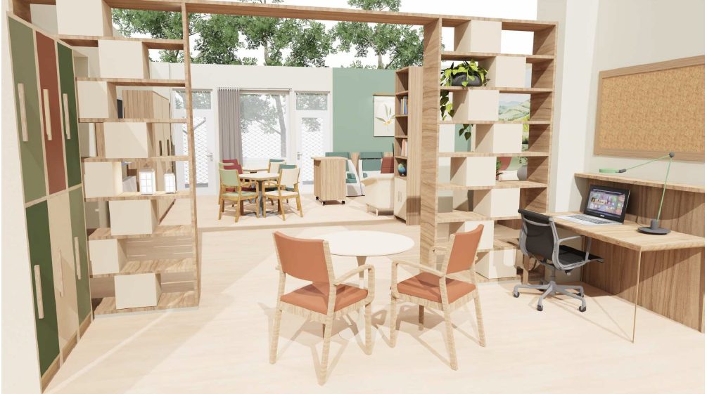 Rendering dei nuovi arredi: una sala con libreria, tavoli e sedie.